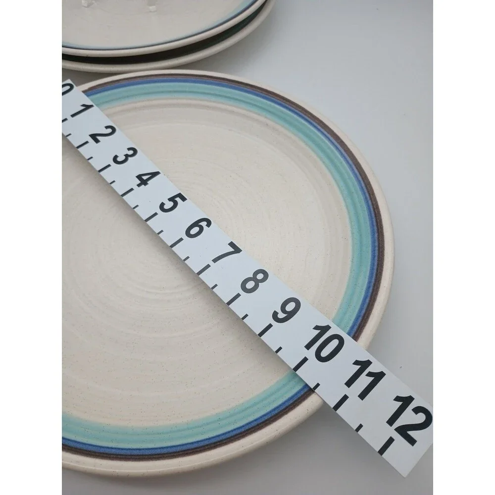 3 Vtg Franciscan Malibu  Dinner  Plates  Blue Brown Rings Stoneware
